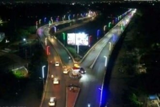 Wisep Bridge illuminated with colorful rope light