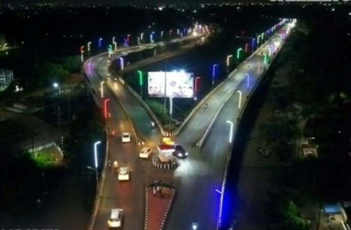 Wisep Bridge illuminated with colorful rope light