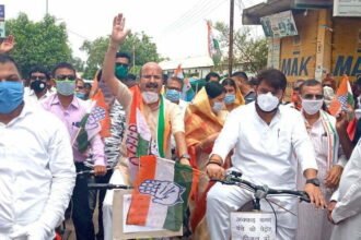 Jitendra Sahu holds a cycle rally in protest against the rising prices of petrol diesel