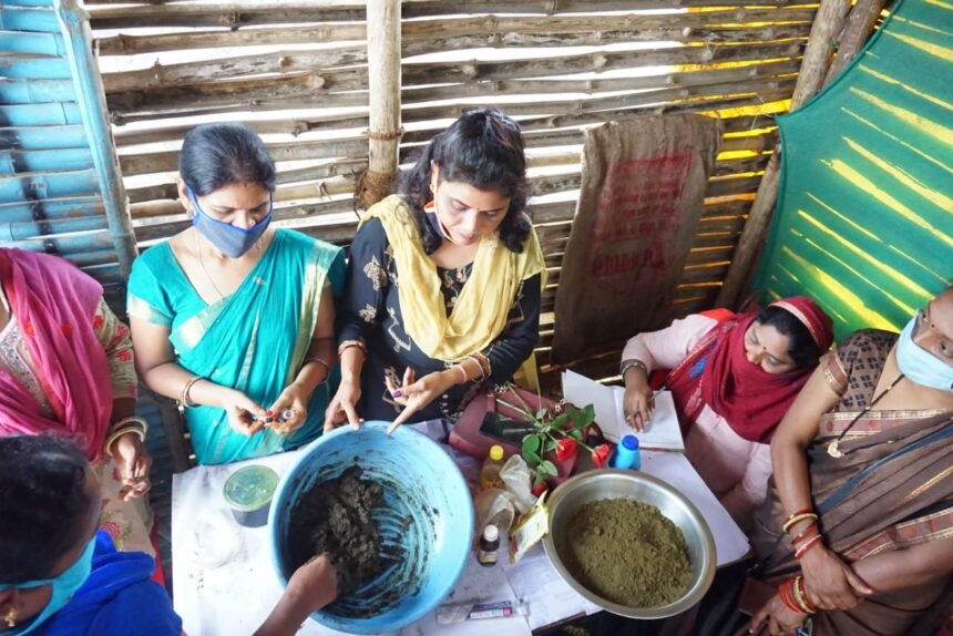 Women learned to make mosquito incense sticks with cow dung…. 3 groups of women took training