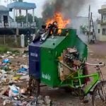 Efforts to burn kerosene on cleaning workers and rickshaws…. Rickshaw damaged by fire