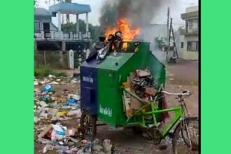 Efforts to burn kerosene on cleaning workers and rickshaws…. Rickshaw damaged by fire
