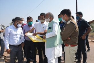 Religion Minister Tamradhwaj Sahu, who arrived to see the