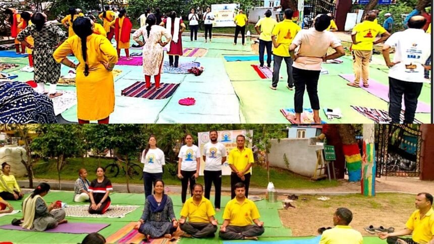 'योग संगम थीम' के अंतर्गत निशुल्क योग शिविर में समनवित सामूहिक योग का प्रदर्शन, शिविर में जनसमुदाय को आहार विहार की जानकारी दी